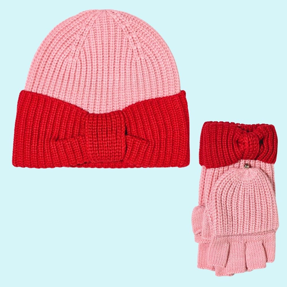 Kate Spade Hat & Gloves Set Pink Multi Wool Blend Bow Cuff Beanie Pop Top Gift